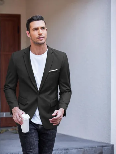 Vista 2 de COOFANDY Chaquetas deportivas ligeras de corte ajustado para hombre, chaquetas de traje de un botón