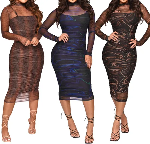 Vista 3 de 5Z6Y Women Sexy Two Piece Long Sleeve Printed Sheer Mesh Midi Dress See Through Bodycon Clubwear Night Dress