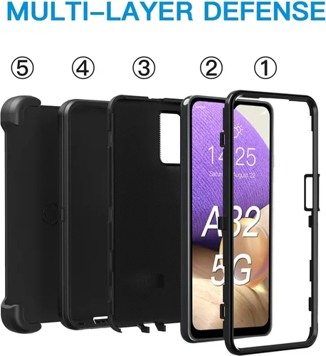Vista 5 de Funda resistente para Galaxy A32 5G, no compatible con 4G, con clip, a prueba de golpes, a prueba de caídas, a prueba de polvo, (negro)