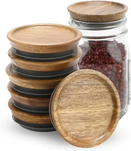 Vista 15 de Paquete de 6 tapas para frascos Mason de boca regular, tapas reutilizables para enlatado, tapas para frascos Mason de madera de acacia con sello