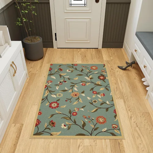Vista 61 de Ottomanson, colección OttoHome, tapete para corredor con diseño azul claro y damasco (antiderrapante), parte trasera de goma Floral Beige