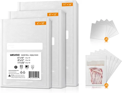 Vista 8 de Wevac 6''x10'' y 8''x12'' 300 unidades, bolsas selladoras al vacío Keeper, bolsas precortadas, ideales para Food Saver, sin BPA, grado comercial