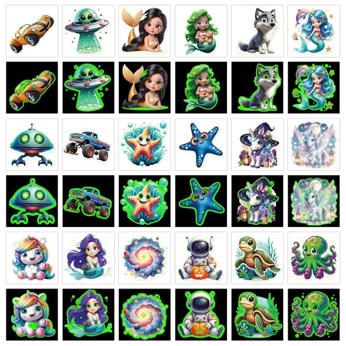 Vista 7 de Tatuajes temporales 3D que brillan en la oscuridad para niños, 117 unicornios, sirena, camión, dinosaurio, caricatura, animales, tatuajes falsos