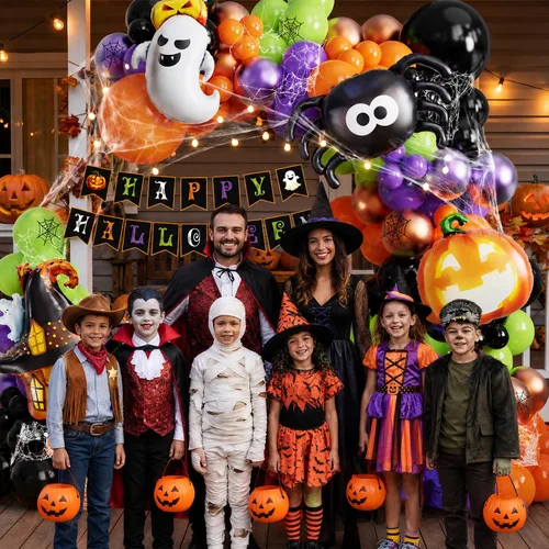 Vista 6 de Tesochye 161pcs Halloween Balloon Garland Kit with Happy Halloween Banner Black Orange Green Purple