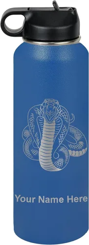 Vista 25 de LaserGram Botella de agua personalizada, serpiente de cobra, acero inoxidable de doble pared aislada al vacío con popote superior, regalo grabado