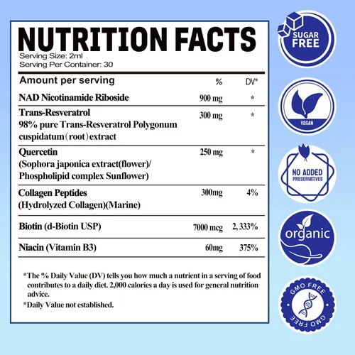 Vista 2 de Suplementos NAD para mujeres y hombres, liposomal NAD nicotinamida ribósido resveratrol 900 mg con resveratrol, quercetina, colágeno, niacina, apoyo