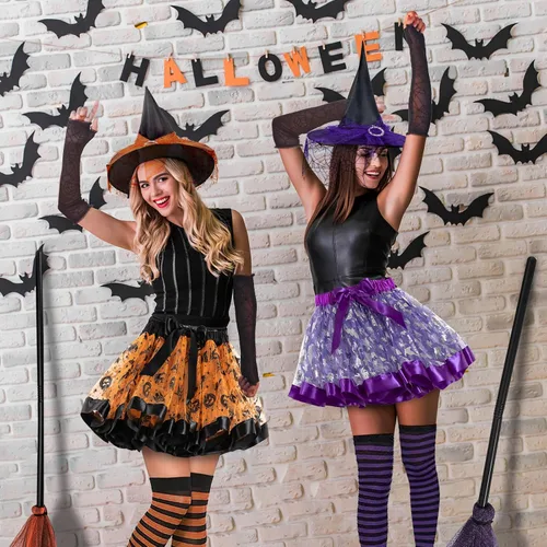 Vista 7 de Witch Costume Women, 5PCS Halloween Costume with Hat Tutu Broom Striped Thigh Socks Gloves Naranja