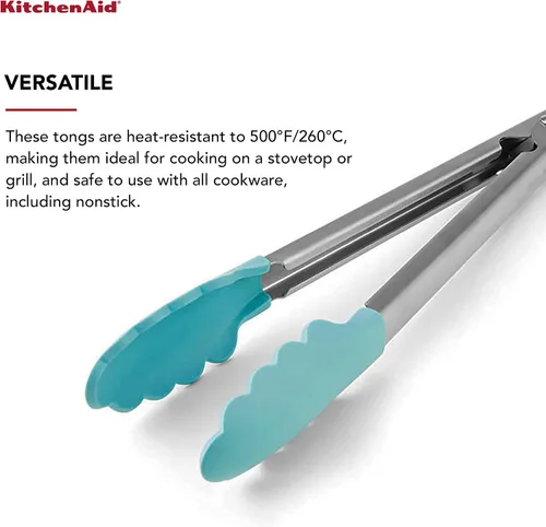 Vista 2 de KitchenAid Pinzas de acero inoxidable con punta de silicona, 12 pulgadas, Aqua Sky