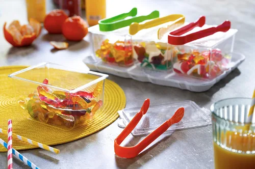 Vista 5 de Juego de 4 mini pinzas de plástico multicolor para aperitivos, bufé, fiestas, bodas, catering, ensaladas, hielo, pasteles, aptas para lavavajillas