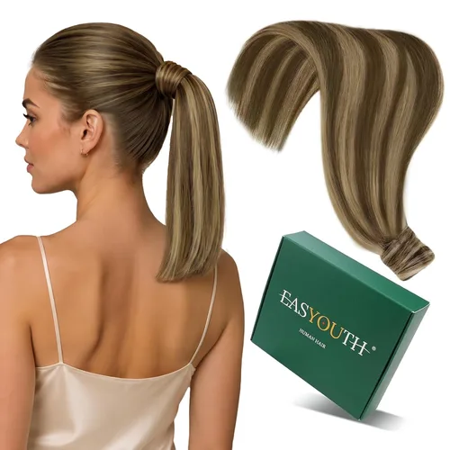 Vista 18 de Easyouth Extensión de cabello humano rubio con cola de caballo, extensiones de cabello humano rubio dorado con reflejos rubios, extensiones