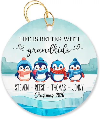 Vista 16 de Árbol de Navidad personalizado para abuelos y nietos 2023, un nieto hace la vida más grandioso, adorno personalizado con nombre y texto, adornos