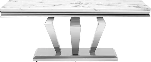 Vista 9 de Mesa auxiliar rectangular moderna de mármol blanco con parte superior de mármol de 0.71 pulgadas de grosor, base de acero inoxidable en forma de U