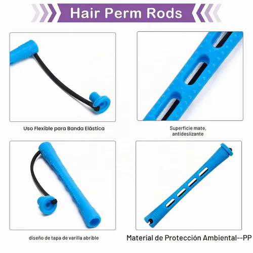 Vista 4 de Coolrunner Juego de varillas de permanente, 60 varillas de plástico azul con peine de acero para rizar el cabello, herramientas de peinado