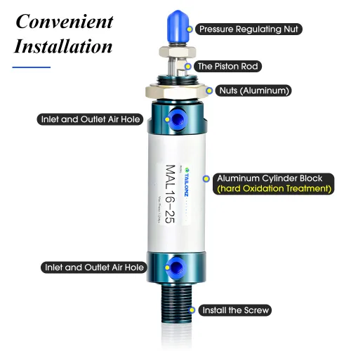 Vista 7 de TAILONZ PNEUMATIC Cilindro de Aire de 16mm Orificio 25mm Carrera de Doble Acción con Conector Y y 2 Piezas de Conexión de 6mm MAL16x25
