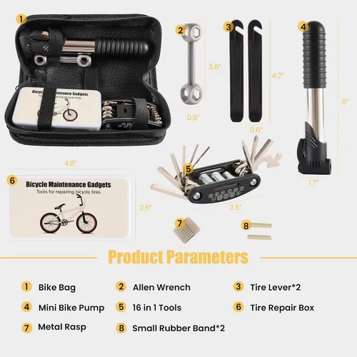 Vista 2 de Kit de herramientas de reparación de bicicletas de 33 piezas con mini bomba de bicicleta, multiherramienta 16 en 1, llaves Allen de 2 a 0.236 in