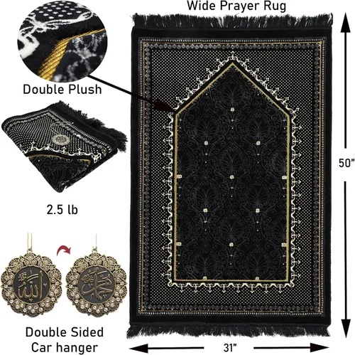 Vista 3 de Modefa Alfombra de oración de terciopelo islámico turco, gruesa y ancha, suave, para hombres y mujeres, tapete grande tradicional musulmán para Negro
