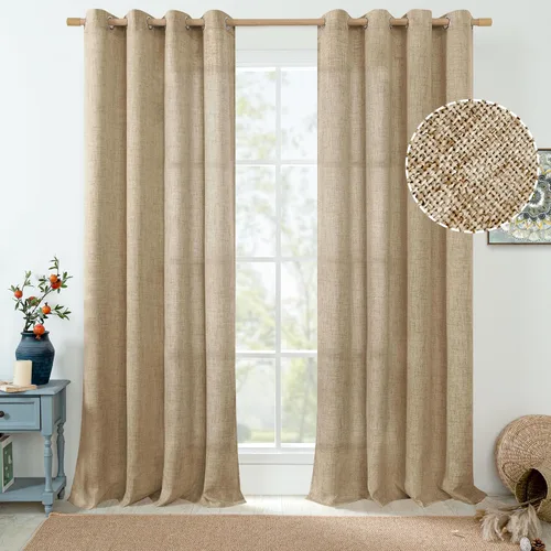 Vista 10 de Cortinas de Lino Toffee de 63 Pulgadas de Largo para Sala de Estar/Dormitorio, Arpillera Gruesa Texturizada Filtrado de Luz No Transparente
