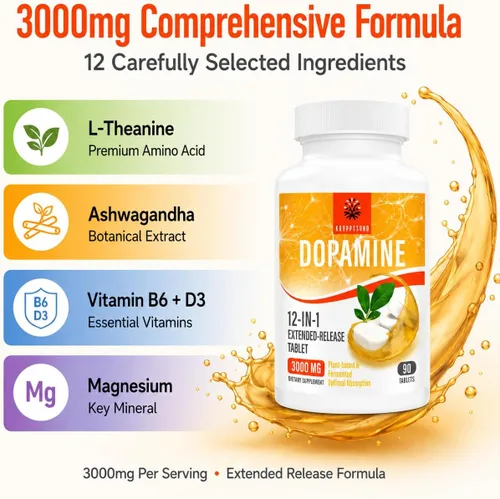 Vista 3 de Kroppssund - Suplementos de dopamina con L-teanina y Ashwagandha, fórmula de liberación prolongada 12 en 1, 3000 mg por porción, 90 tabletas