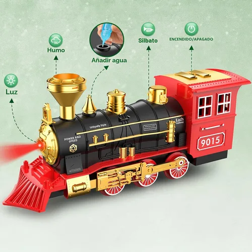 Vista 2 de Hot Bee Juego de tren – Juguetes de tren para niños con humo, luces y sonido, pistas, tren de juguete con locomotora de vapor, coches de carga