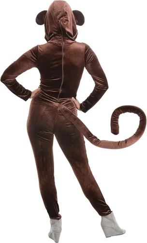 Vista 5 de Women's Brown Circus Monkey Halloween Costume Adult Jungle Animal Jumpsuit with Hood and Tail Outfit for Themed Parties