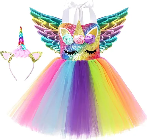 Vista 2 de Soyoekbt Disfraz de unicornio para niñas, vestido de unicornio con luz LED, vestido de princesa para fiesta de cumpleaños para fiesta de Halloween