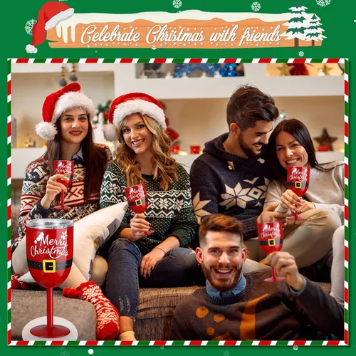 Vista 5 de Ziliny 4 copas de vino de Navidad de 10 onzas con tallo de acero inoxidable con tapas, cinturón de Papá Noel, copas irrompibles de doble pared