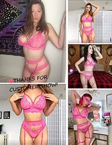 Vista 3 de Avidlove Conjunto de lencería para mujer con liguero, brasier sexy y bragas de encaje