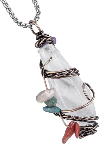 Vista 10 de Nupuyai - Collar con colgante de piedra de cristal de 7 chakras envuelto en alambre para mujeres y hombres, hecho a mano, colgante de punto