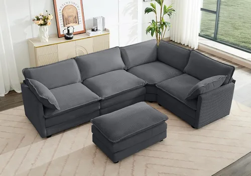 Vista 14 de ROWHY Sillón individual con otomano, sofá moderno de corduroy en forma de nube con chaise convertible, sofá tapizado para sala de estar, beige