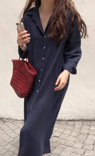 Vista 2 de GGUHHU Vestido Maxi Blusa Elegante de Algodón con Botones Frontales y Mangas Enrolladas para Mujer