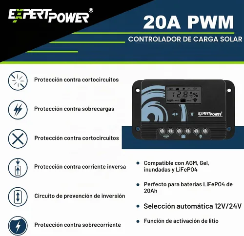 Vista 2 de ExpertPower Kit de energía solar de 100 W y 12 V Panel rígido mono de 100 vatios + batería de gel de 12 V 21 Ah + controlador de carga solar de 20