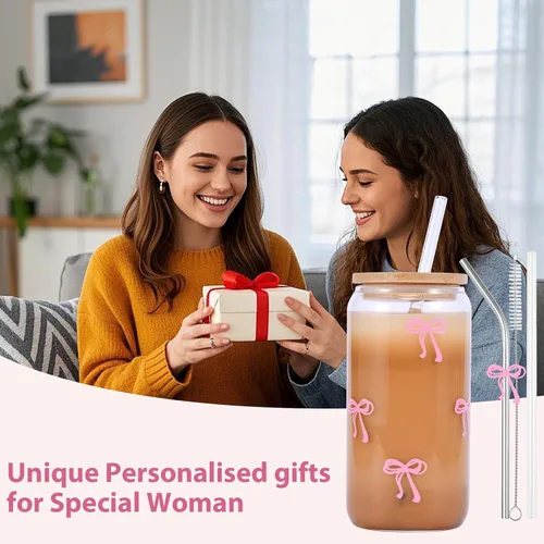 Vista 3 de Tazas de vidrio lindas con moño rosa y tapas y popotes, taza estética de café helado, taza de diseño preppy femenino, regalos de cumpleaños y San