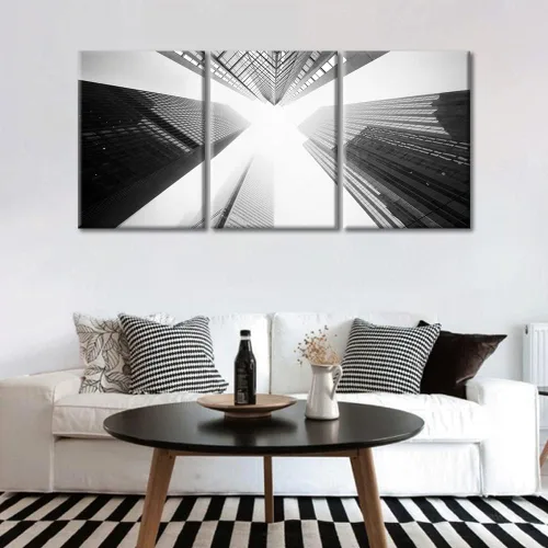 Vista 4 de TUMOVO Cuadros de la ciudad de Nueva York, arte de pared en blanco y negro, 3 paneles, rascacielos del centro de América, impresiones artísticas