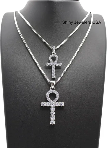 Vista 2 de Collar Shiny Jewelers Usa, dije de pequeña cruz doble ankh, con diseño de hip-hop, plata y diamantes sintéticos, cadena cubana, de caja