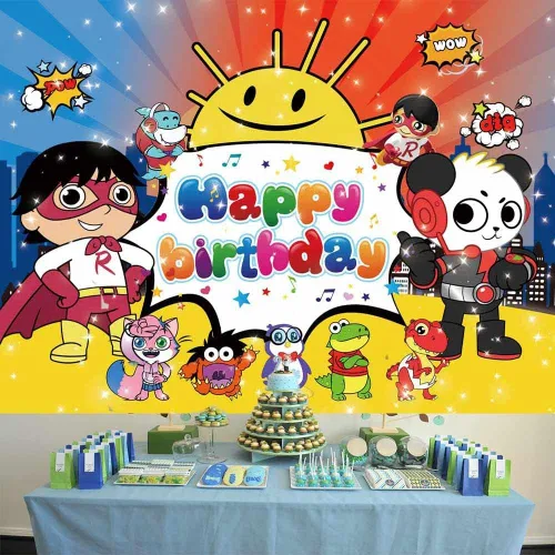 Vista 2 de Ryans World - Fondo de fondo para fiestas de niños fondo rojo para decoración de fiesta de cumpleaños 7 x 5 pies