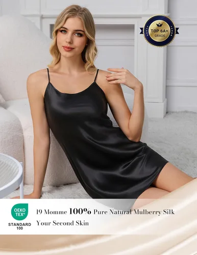 Vista 2 de THXSILK Camisón de seda para mujer, 100% seda de morera 19 Momme real, cuello redondo, tirantes delgados, camisón de seda para dormir Negro