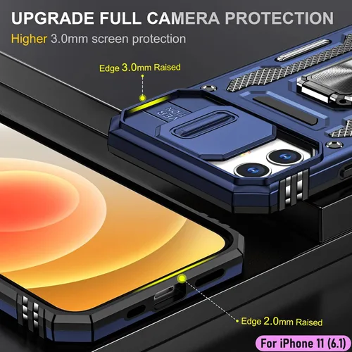 Vista 6 de Funda resistente para Apple iPhone 11, protección híbrida de goma de doble capa de grado militar con protector de cámara deslizante, soporte Azul