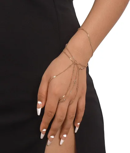 Vista 2 de Jumwrit Juego de pulseras de cadena de oro, pulsera de anillo de diamantes de imitación, cadena de mano, pulsera de anillo de dedo, cadena
