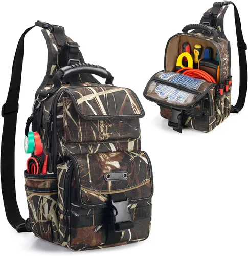 Vista 8 de Bolsa de herramientas para electricistas Trahzia, organizador de herramientas HVAC con cremallera, asa ergonómica y correa de hombro para técnicos