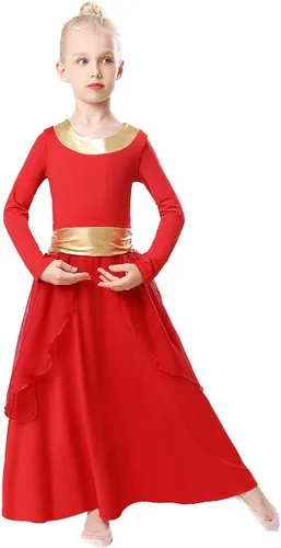 Vista 3 de REXREII - Traje de baile con cintura metálica de manga larga litúrgica para niñas