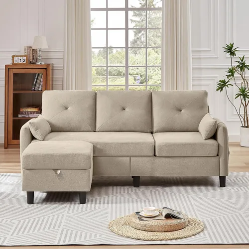 Vista 6 de Sofás Seccionales Convertibles de 77", Sofá en Forma de L de 3 Asientos con Chaise de Almacenamiento y Almohadas Removibles, Sofá Pequeño de Tela