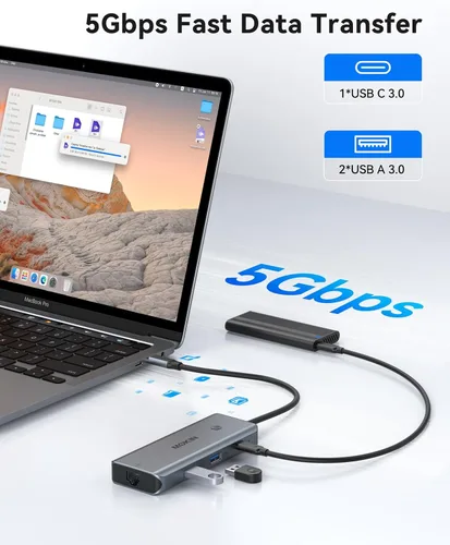 Vista 5 de Hub USB C para MacBook Pro/Air, Mac Dongle con 3 puertos USB, USB C a HDMI, USB C a RJ45 Ethernet, MOKiN 8 en 1 USB C a HDMI, carga PD de 100 W