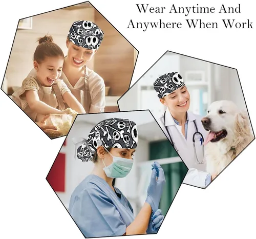 Vista 6 de 2 gorras de trabajo ajustables, calaveras y huesos Bouffant sombreros de mujer de pelo largo, Color 5