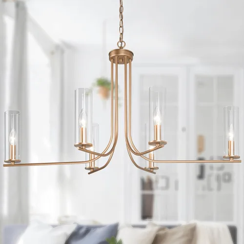Vista 11 de Durent Lighting Candelabro de tambor dorado de 4 luces moderno con pantalla de vidrio crema, lámpara colgante de techo redonda de 16 pulgadas