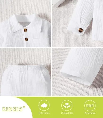 Vista 6 de Kionio Conjunto de ropa de lino de 2 piezas para bebé, camisa de manga larga con botones + pantalones rectos