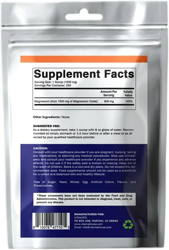Vista 8 de Vitamatic Polvo de óxido de magnesio – 1000 mg por porción – 250 porciones – Suplemento de magnesio de alta absorción – 600 mg de magnesio elemental