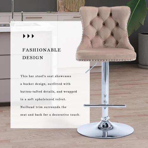 Vista 55 de SoarFlash Juego de 2 taburetes de bar tapizados de terciopelo moderno con patas de madera, botones acolchados, cabeza de clavo cromada, asiento