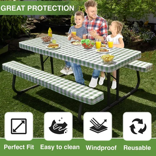 Vista 8 de Funda de mesa de picnic con fundas de banco, 17.64 oz/m², reutilizable, de vinilo resistente, mantel de picnic impermeable con funda de transporte