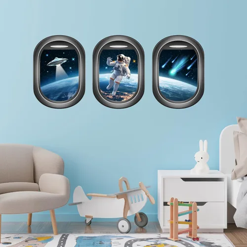Vista 4 de Calcomanías de pared 3D que brillan en la oscuridad con temática espacial, juego de 3 calcomanías para ventana con temática de galaxia