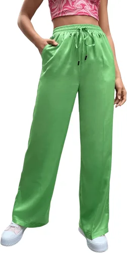 Vista 3 de SweatyRocks Pantalones de satén de pierna ancha para mujer con cintura elástica y bolsillo